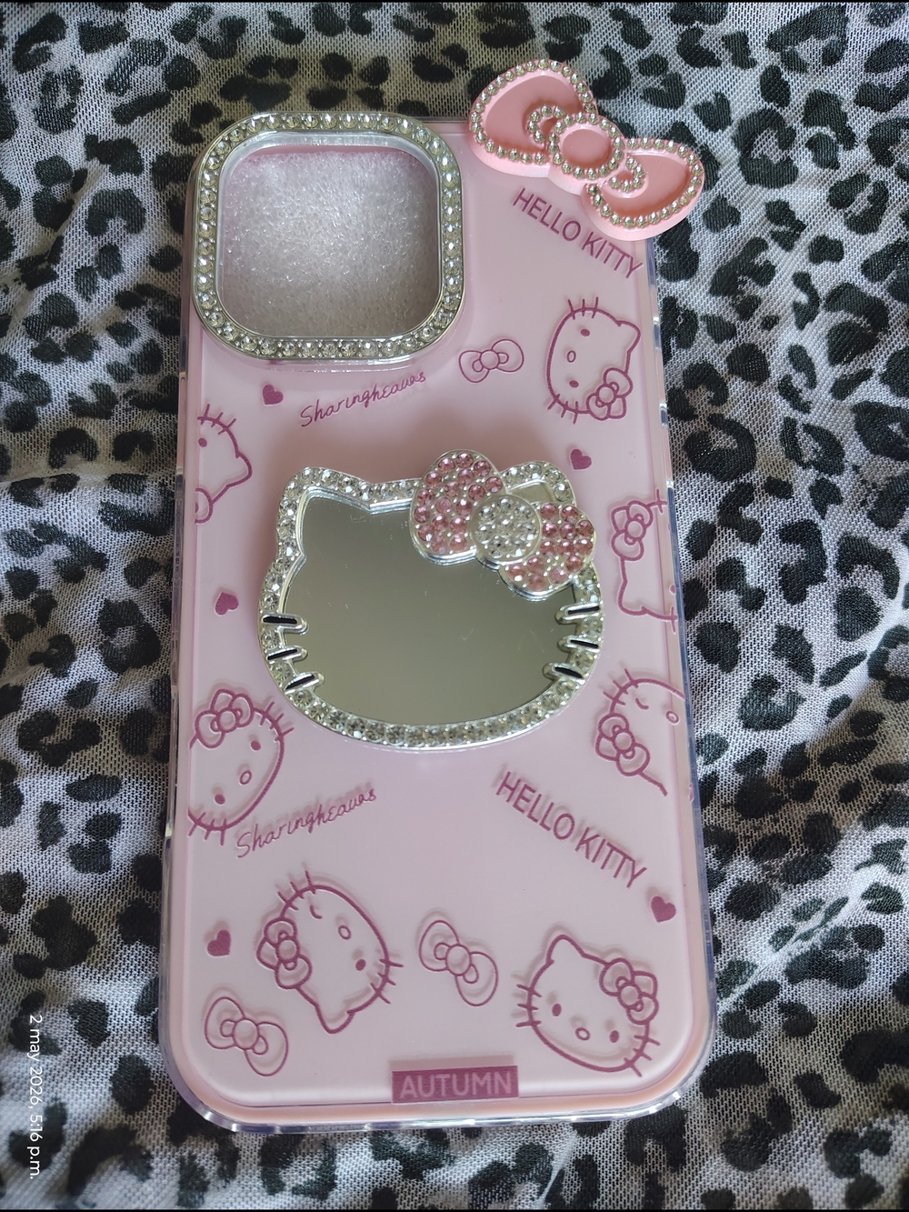 SANRIO Pink Hello Kitty Phone Case for iPhone 16 Pro Max, with Mirror and Rhines